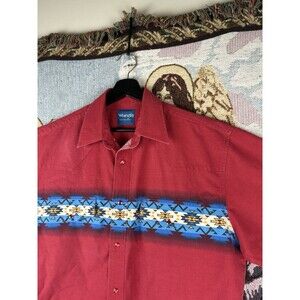 Vtg Men's Wrangler Red Aztec Wrap Around Western Shirt Lg/XL